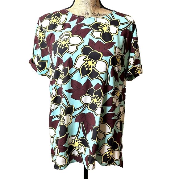 P.A.R.O.S.H. Women Blue Brown Floral Silk Crew Neck Short Sleeve Blouse Top Sz L - Picture 3 of 14